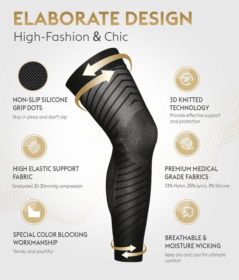 MGANG Full Leg Compression Sleeves for Men & Women, Thigh High 20-30mmHg Graduated Compression Stockings for Thigh Calf Knee Support, Pain, Swelling, Varicose Veins, Running, Sports, 1 Pair, Black 3XL - Image 2